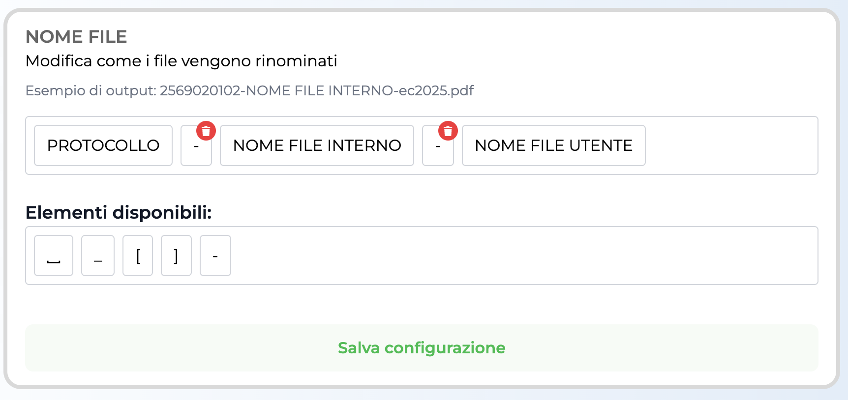 Personalizzazione nomi file